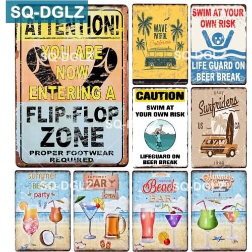 [SQ-DGLZ] Beach Warning Slogan License Plate Beach Bar Wall Decor Caution Tin Sign Vintage Surfing Metal Sign Painting Plaques