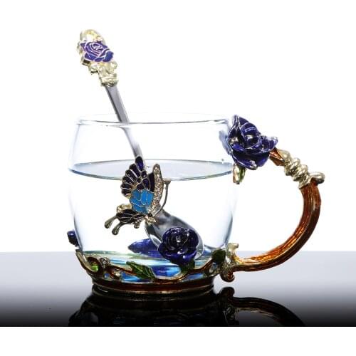 350mL Blue Rose Enamel Craft Glass Water Cup Drink Mug with Handle Tea Coffee Cup with Spoon Cleaning Cloth Set Home Decor