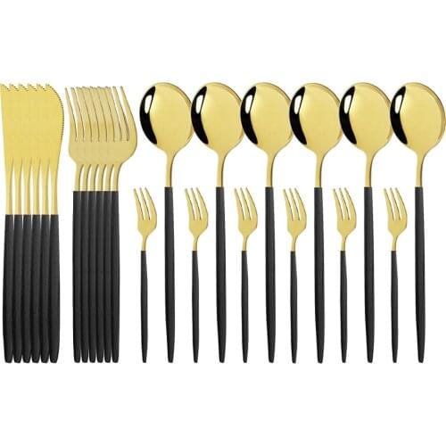 Dinner Black Gold 24Pcs18/10 Stainless Steel Dinnerware Set Knife Cake Fork Spoon Cutlery Set Kitchen Tableware Silverware Set