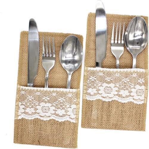 1PCS Vintage Jute Hessian Burlap Linen Lace Cutlery Pouch Rustic Wedding Decoration Party Birthday Tableware Supplies Holder Bag