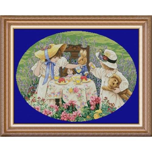 Top Quality popular counted cross stitch kit Afternoon Tea two girls bear doll bunny drink tea in the garden Dim 35152