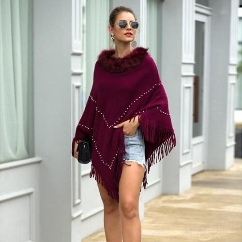 Fringed Shawl Cloak Coat Womens 2021 Autumn Winter New Style European and American Style Fringed Fur Collar Beaded Sweater