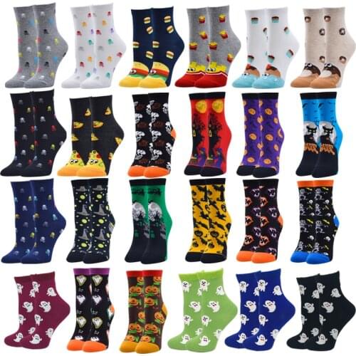Womens Socks Harajuku Cotton Art Colorful Cartoon Cute Funny Kawaii Food Halloween Ghost Pumpkin Socks for Girl Christmas Gift