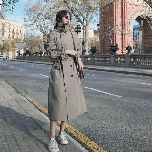 2021 Winter Women Stylish Turtleneck Neck Double Breasted Mid-Length Trench Coat Belt Slim Casual Windbreaker Outwear