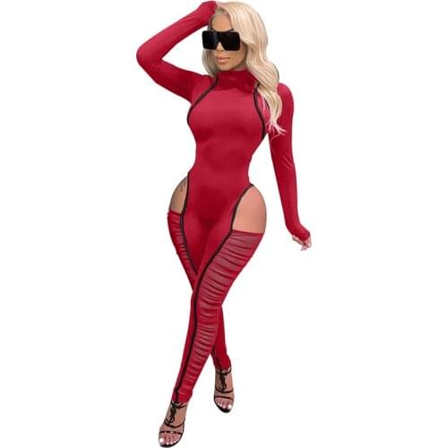 Sexy Women Jumpsuit Hollow Out Striped Patchwork Bodycon Long Sleeve Skinny Rompers Womens Jumpsuit Outfit