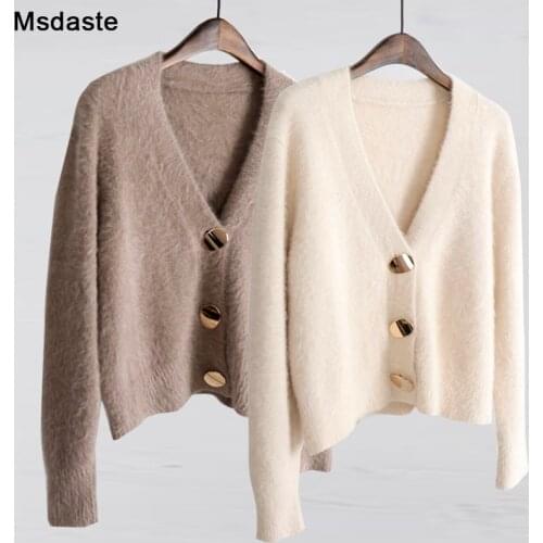 Mohair Sweater Women Cardigans 2019 Winter V-neck Soft Knitted Tops Outwear solid White Brown Casual Woman Knitwear Sweaters