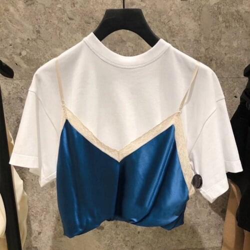 2020 fashion woman top sexy lace suspenders patchwork short round neck short sleeve top female