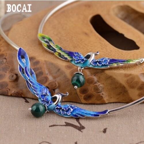 S925 pure silver burning blue style female models phoenix wear peony malachite set chain handmade new woman necklace