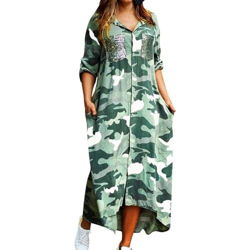 Women Shirt Dress 2021 New Fashion Sequins Pocket Lapel Long Dresses Button-down Camouflage Chain Print Long Sleeve Maxi Dress