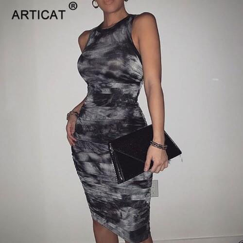 Articat Sexy Tie-Dye Print Ruched Dress Women O-neck Knee-length Dresses Ladies Winter Skinny Partywear Women Elastic Vestidos