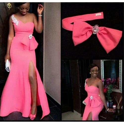 Pink Mermaid African Bridesmaid Dresses With Bow One Shoulder Side Slit Plus Size Wedding Party Dress Vestido De Fiesta De Boda