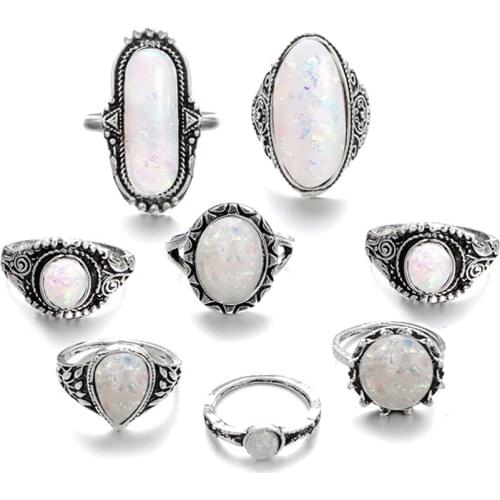 8 Pcs/set Vintage Crystal Stone Geometry Finger Rings Set Women Midi Kunckle New Fashion Party Bohemian Jewelry Wholesale Gifts
