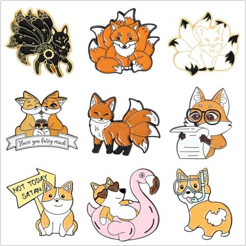 Fox Animals Enamel Pins Cute Corgi Dogs Lapel Badges For Clothes Jewelry Collar Brooches Gifts Accessories For Kid Friends Bag
