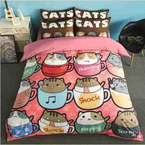 Children cartoon cats bedding set without filler 3/4pcs twin/full/queen size home textile free shipping