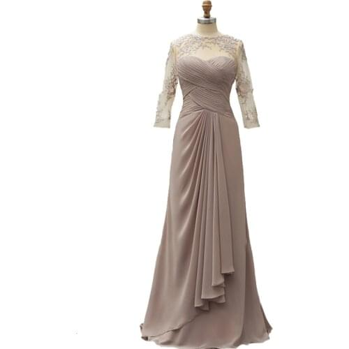 Elegant Long Sleeve Mother of The Bride Dress Pleated Lace Chiffon Formal Wedding Party Dress