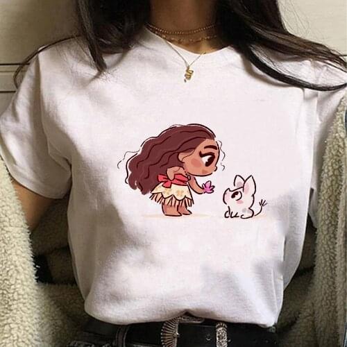 Summer Kawaii Princess Moana and Pet Pigs Funny Cartoon T-shirt Women Harajuku T Shirt Graphic White Tshirt Anime Female Tops