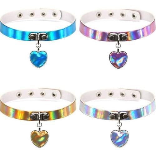 Laser Necklace heart Gothic Punk Holographic Choker Hologram PU Leather Choker 2018 Adjustable Collar LOVE Necklace Jewelry