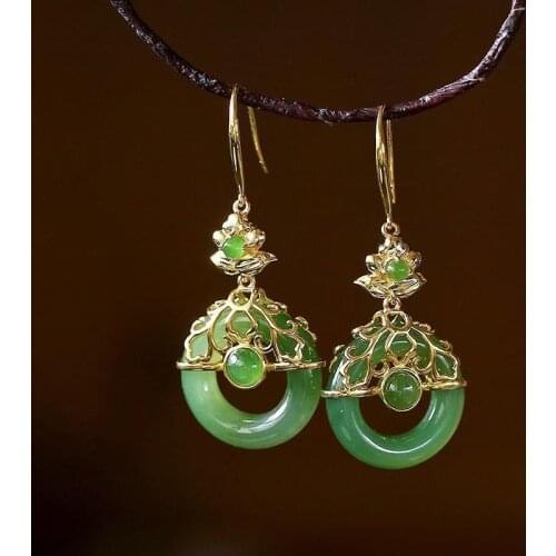Natural Hetian Jade Green Jade Safety Buckle Earrings S925 Sterling Silver Gold Plated Jasper Ornament for Women