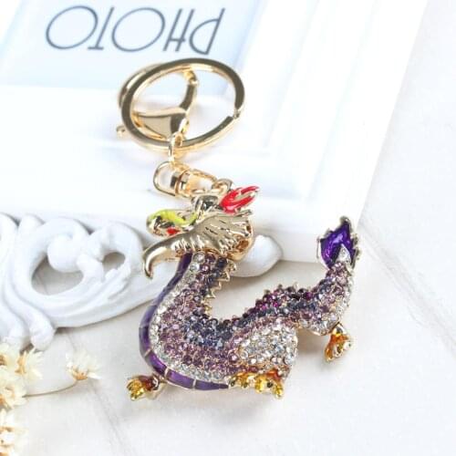 Chinese Dragon Rhinestone Animal Purple Enamel Crystal Charm Keyring Key Chain Women Gift Top Selling Design