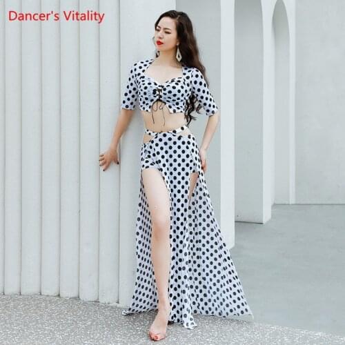 Belly Dance Suit Ice Silk V-NeckTop Half Sleeve Split Skirt Performance Clothes Set Oriental Dancing Female Practice Clothing