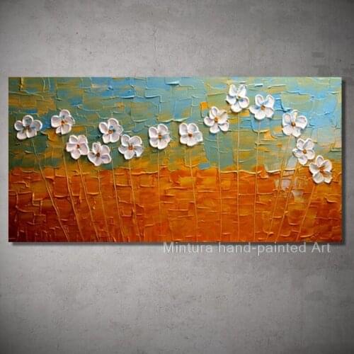 Mintura Hand Made Abstract Knife Blooming White Flower Oil Painting On Canvas Textured Pop Art Wall Pictures For Home Decoration