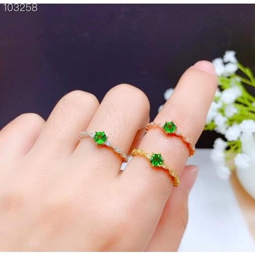 Fashion clear green diopside ring for women ornament real 925 silver gold plated round 4*4mm size natural gem girl date gift