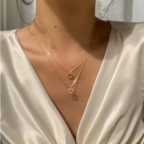 KINFOLK Fashion Wedding Heart Pendant Necklace For Women Multilayered Gold Crystal Heart Necklaces Valentines Day Gifts Jewelry