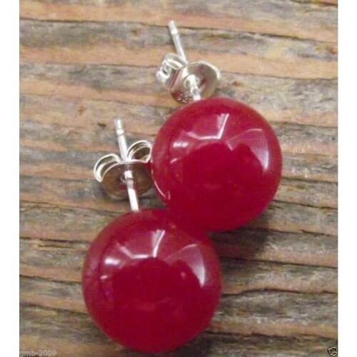 Fashion Handmade 10mm Red Jade Ruby Round 925 Sterling Silver Stud Earrings