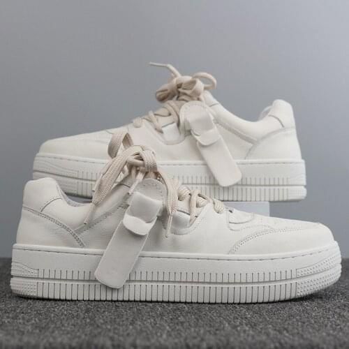 The First Layer Cowhide Board Shoes Mens Round Toe Casual Thick-soled Suit White Shoes Korean Style Trendy Mens Shoes Trend