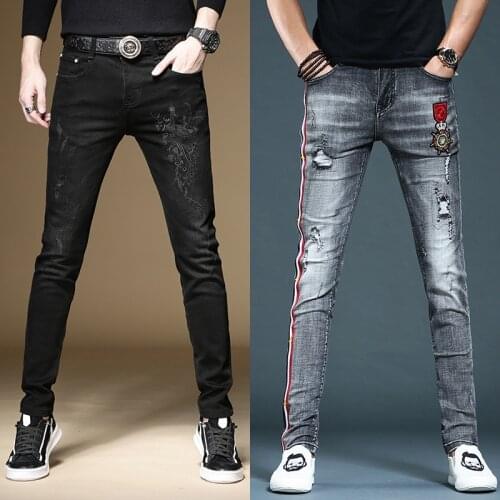 Men’s elastic slimming ripped denim pants high quality trendy embroidery jeans classic black jeans gray casual jeans pants men