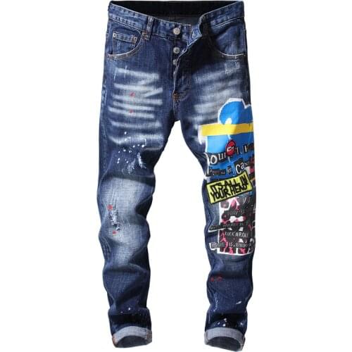 Sokotoo Mens embroidery patchwork buttons fly jeans Slim skinny painted holes ripped denim pants