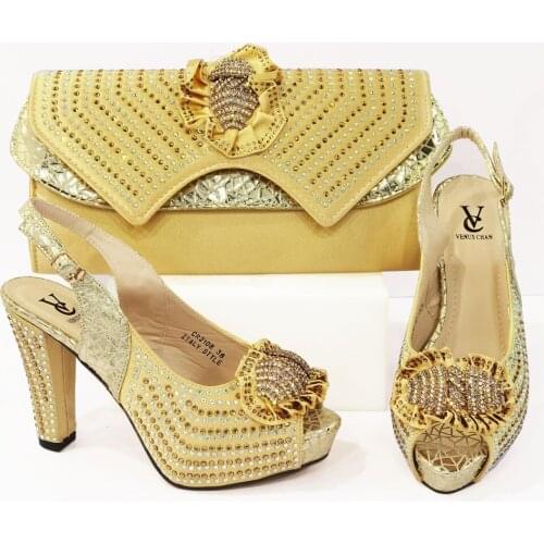 Latest in Golden Color Italian design Ladies Shoes and Bags 2021 To Match Set Nigerian Shoes and Matching Bag Set for Party