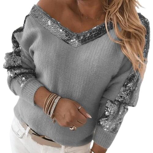 Autumn Winter Womens Shirts Sexy V Neck Long Sleeve Sweater Sequins One-shouldered Blouse Female Thick Casual Streetwear Tops