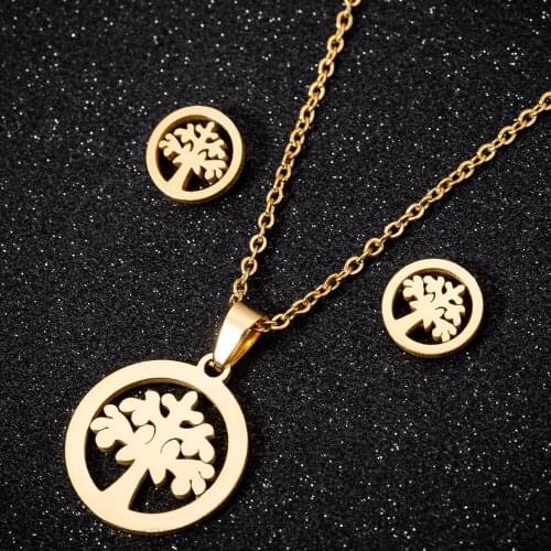 Stainless Steel Classic Tree of Life Necklace Vintage Jewelry Set for Women Girls Cute Round Plant Stud Earrings