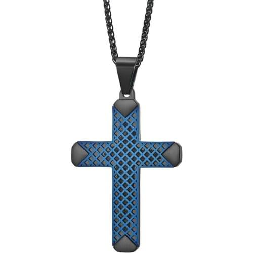 Stainless Steel Christ Blue Cross Hollow Pendant Necklace Jewelry Men Women Punk Rock Gift For Him