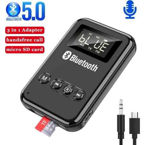 Bluetooth 5.0 Receiver Transmitter LCD Wireless Adapter 3.5MM Jack AUX FM Car Kit Handsfree Call & Mic For PC TV Car Speaker