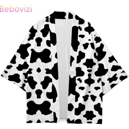 Plus Size XXS-6XL Cow Black White Loose Japanese Streetwear Cardigan Women Men Harajuku Haori Cosplay Kimono Top Yukata Clothes