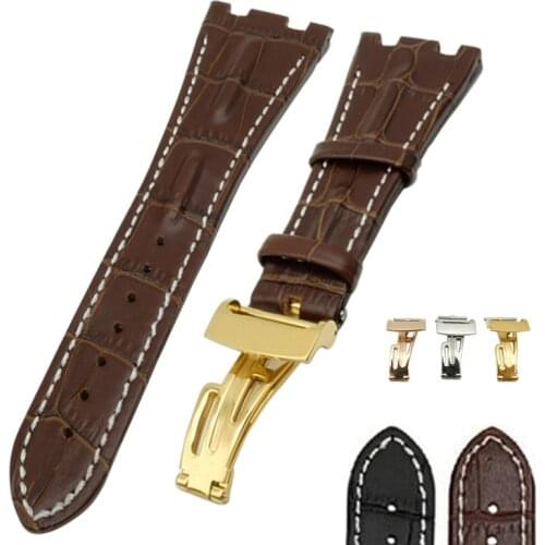 28mm Watch Accessrioes Crocodile Grain Black Genuine Leather Watchbands Straps Watch Belt Silver Deployment Watch Buckle for ap