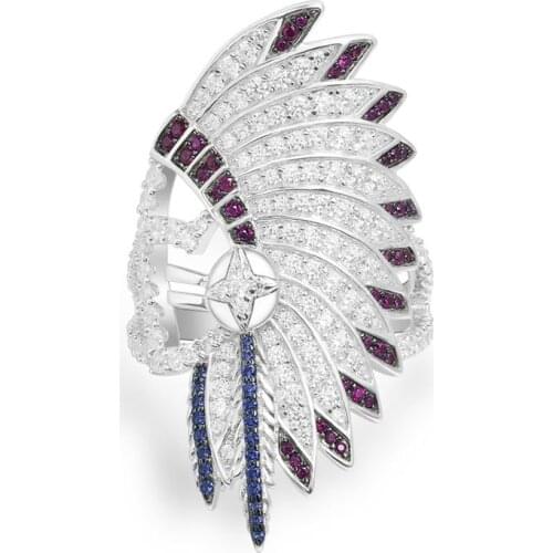 SLJELY Luxury Brand 925 Sterling Silver Indian Chief Feather Statement Ring Micro Cubic Zirconia Stones Women Fine May Jewelry