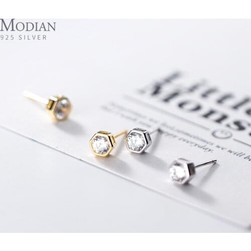 Modian New 925 Sterling Silver Simple Sparkling Zircon Hexagon Stud Earring for Women Tiny Geometric Ear Pin Fine Jewelry Bijoux