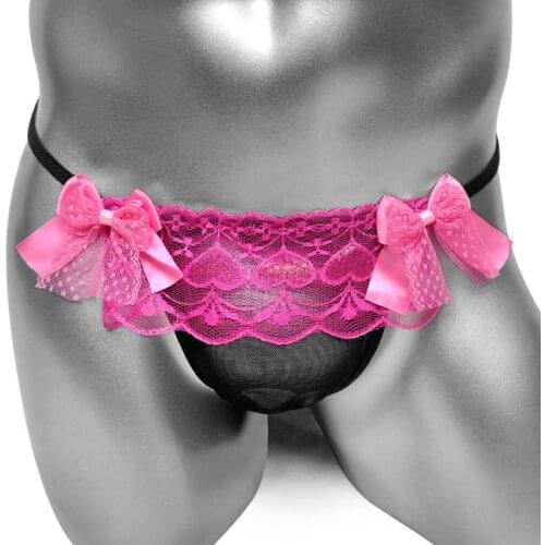 Sissy Men See Through Thong Panties With Penis Pouch Mens T Back Underwear Bow Gauze Novelty Crossdress Underpants Sexy Lingerie