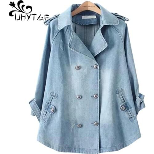 UHYTGF Women Denim Jacket Fashion Double Breasted Autumn Jeans Coats Epaulette Loose Windbreaker Short Tops 2XL Plus Size 212
