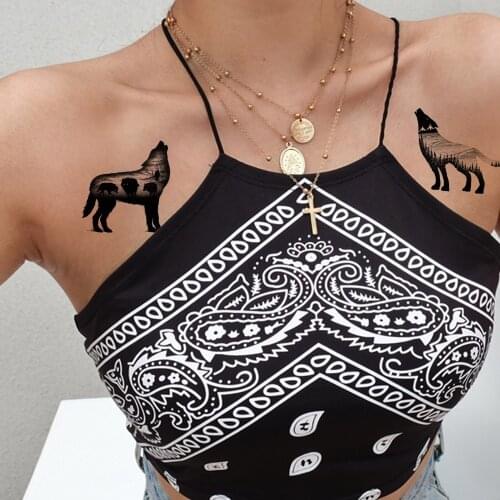 Temporary Tattoo Stickers Women Body Arm Art Wolf Fake Black Tatoos Men Chest Neck Small Mountian Water Transfer Tatoos Summer