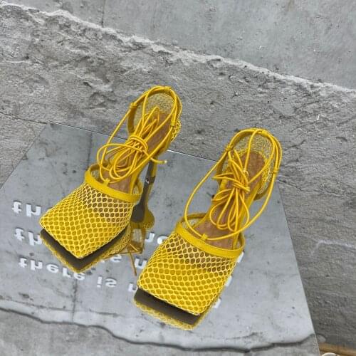 Xibeilove 2021 New Sexy Yellow Mesh High-Heeled Sandals Square-Toe Womens Cross Strap Lace-Up Stiletto Hollow Shoes