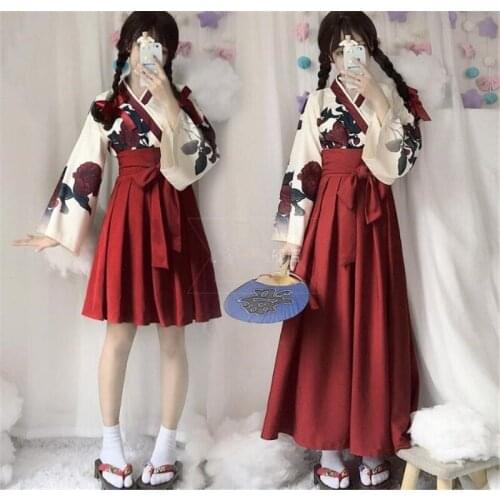 Japanese Style girl Retro Kimono Floral Long Sleeve Woman Party Dress Summer Fashion Outfits Top Bow Skirt Haori B285