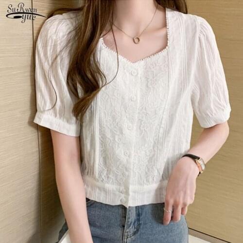 2021 Summer New Solid Cardigan Shirts for Women Square Collar Cotton Lace Women Blouse Office Lady White Tops Blusas Mujer 9777