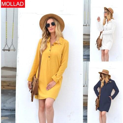 Womens ClothingHot European and American Skirt Autumn and Winter Cotton and Linen Solid Color Long Sleeve Dress