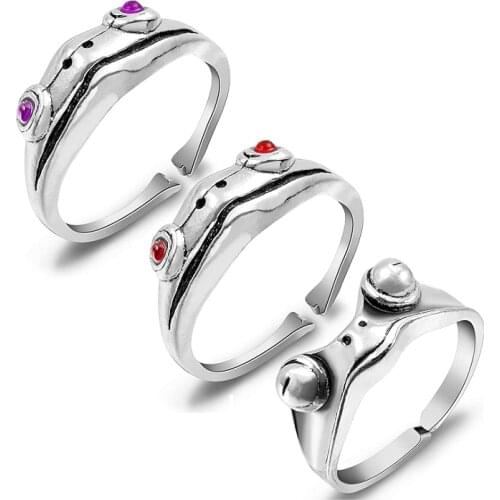 3 Pcs Frog Open Rings Set for Women Vintage Adjustable Animal Finger Rings Cute Silver Frog with Red Purple Eyes Female Rings