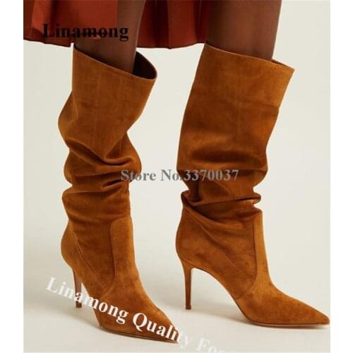 Linamong Fashion Pointed Toe Stiletto Heel Knee High Loose Boots Sexy Slip-on Brown Black Suede Leather High Heel Boots