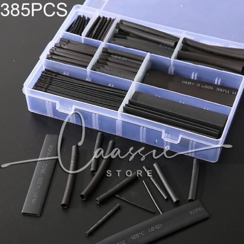385PCS Black Boxed Shrinking Assorted Heat Shrink Tube Wire Cable Lnsulated Sleeving Tubing Set 2:1 Waterproof Pipe Sleeve
